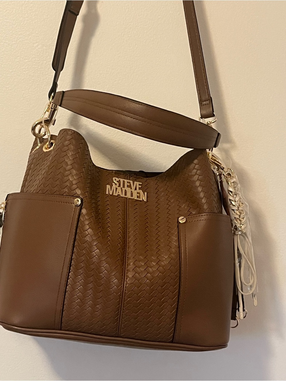 Steve Madden Brown Woven Shoulder Bag with Gold Hardware